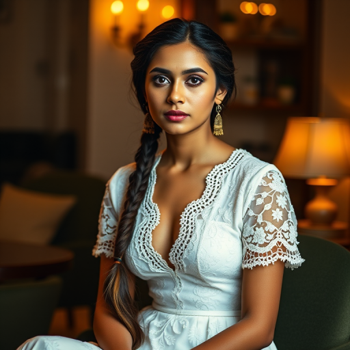 Create a portrait of a refined and elegant Nepali woman seated in a sophisticated setting. She has long, wavy hair styled in two thick braids that are pulled over her shoulders. She wears a white, lace gown with intricate patterns, featuring a deep V-neckline and short sleeves. The dress exudes a vintage charm with its delicate lacework. She is adorned with ornate, dangling earrings that add a touch of glamour to her appearance. The background is softly lit, with warm, ambient lighting that creates a cozy and inviting atmosphere. Her expression is poised and serene, capturing a sense of grace and elegance.