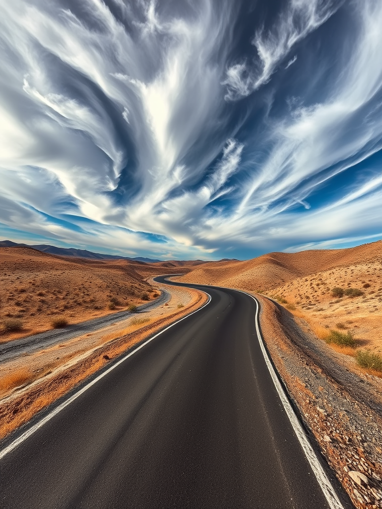 A winding road through a dry landscape under a dramatic sky with swirling clouds, captured with a DSLR camera at f/8 aperture, 1/200s shutter speed, ISO 100, wide-angle view, enhanced color saturation, and high dynamic range.