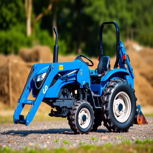 Create a high-resolution illustration of a blue tractor with a front loader and backhoe, captured in a side view using a DSLR camera with a 50mm lens at f/2.8, ISO 100, and a shallow depth of field to emphasize the tractor against a blurred background.
