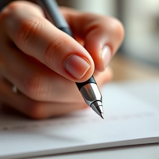 A close-up view of a hand holding a pen, captured with a DSLR camera at f/2.8 aperture, ISO 100, shutter speed 1/200s, natural lighting, high contrast, focus on the pen and hand detail, soft blurred background.