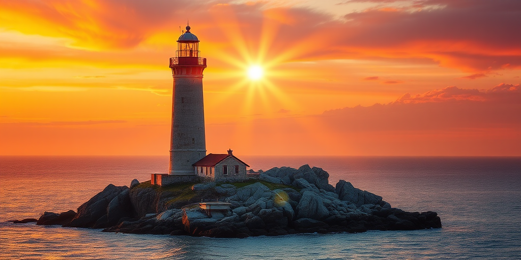Generate an image of a tall lighthouse perched on a rocky outcrop surrounded by calm ocean waters during a breathtaking sunset. The lighthouse stands sturdy and weathered, its stone surface illuminated by the warm golden light of the setting sun. The sun's rays pass directly through the glass lantern room at the top of the lighthouse, casting a brilliant light across the scene. The sky is painted with vibrant shades of orange, pink, and purple, reflecting off the tranquil sea. The surrounding water shimmers with the same warm hues, creating a serene and majestic atmosphere.