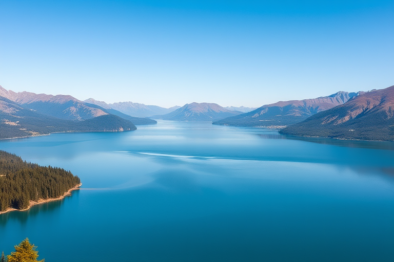 Generate a high-resolution image of a serene landscape featuring a calm lake surrounded by mountains under a clear blue sky, using a DSLR camera with an aperture of f/8, ISO 100, and a shutter speed of 1/250 sec, shot from a slightly elevated perspective for depth.