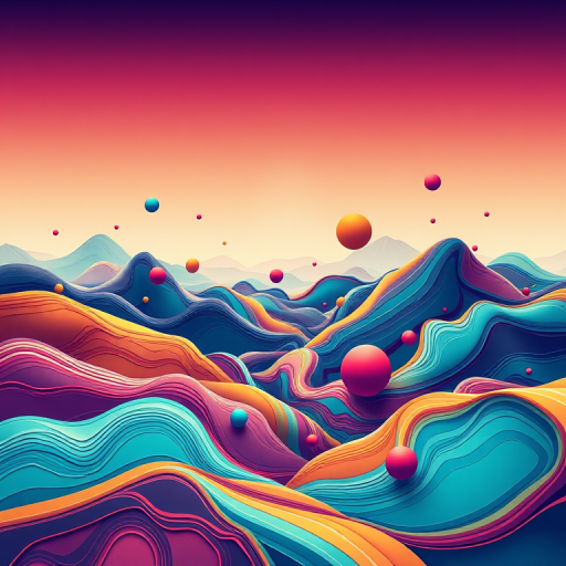 Create an abstract digital illustration of a whimsical landscape featuring flowing lines and geometric shapes, shot with a Canon EOS R5, 50mm f/1.2 lens, aperture at f/2.8, ISO 100, 1/250 sec shutter speed, in a top-down view with vibrant colors and high contrast.