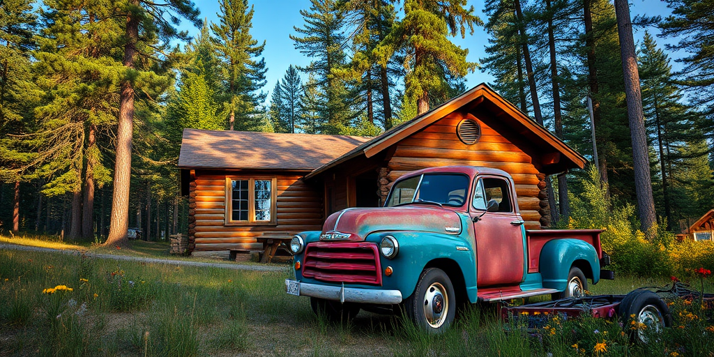 vintage truck parked in front of a rustic wooden cabin surrounded by tall pine trees and wildflowers, captured with a Canon EOS R5 at f/8, ISO 100, 1/200s, wide-angle lens for a vibrant and detailed landscape perspective
