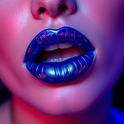 Electric blue metallic liquid lipstick "Neon Nights" with an intense foil-like finish and ultra-long wear, designed for bold statement looks and nightclub scenes, transfer-resistant formula
