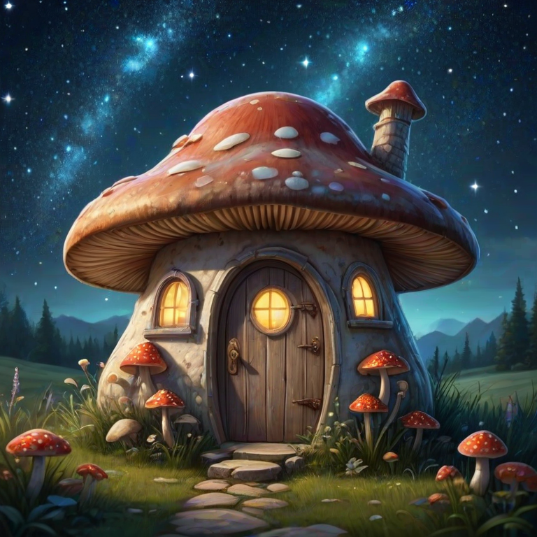 generate illustration of a mushroom house with a door and a window, a storybook , fantasy art, mushroom house, bg starry sky, sparkles