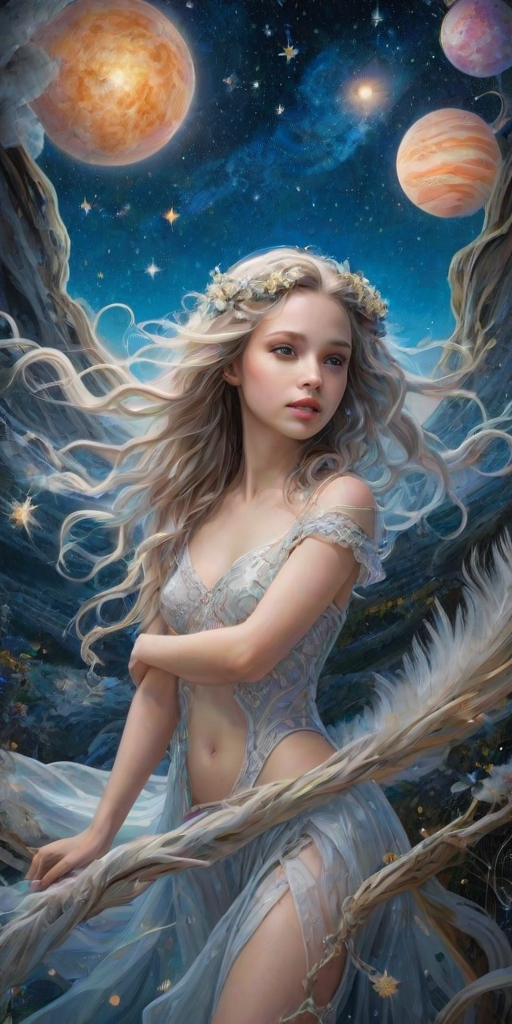 Create a series of imaginative portraits where each subject is infused with elements of fantasy and nature. The hair of the individuals should flow like clouds, varying from soft, fluffy cumulus to wispy cirrus strands, with hints of color reflecting a sunset or a clear blue sky. The eyes should be windows to entire galaxies, with stars, nebulae, and distant planets visible within them. Clothing should be adorned with nature motifs, such as floral patterns that bloom and change, vines that seem to grow and wrap around, or feathers that shimmer with iridescence. Each portrait should capture a unique personality, blending human features with the ethereal beauty of the natural and cosmic world. The backgrounds can vary, from starry night skies to enchanted forests, adding depth and context to the magical realism of the portraits