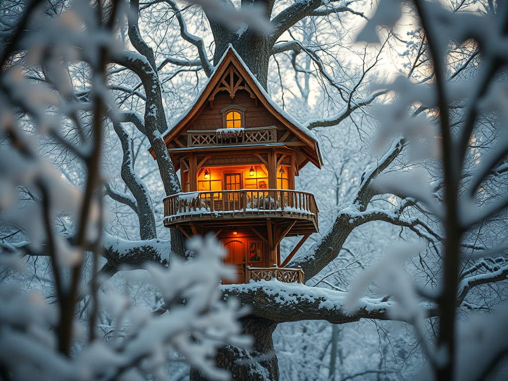 Create a whimsical scene of a treehouse with intricate architecture nestled among snowy trees at dawn, soft focus, with a Canon EOS R5, 35mm lens, f/2.8, ISO 100, shutter speed 1/200 sec, warm golden lighting, and a dreamy atmosphere.