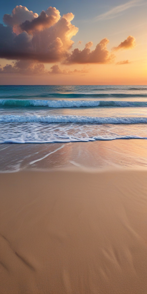 Serene Sunset Over Gentle Waves and Tranquil Sandy Beach Shoreline