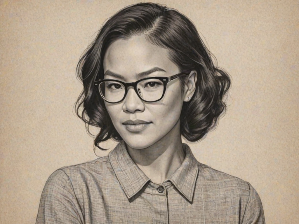 Enticing Ali Wong, pencil sketch, portrait of Superb woman 1934s in glasses, hair style beatnik, outline, clear lines, fine lines, 8k