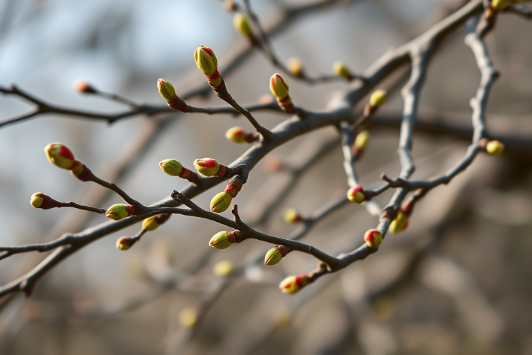 Close-up shot of twisted tree branches with new buds, shallow depth of field, f/2.8 aperture, ISO 100, 85mm lens, natural light, DSLR camera, focus on details and textures.