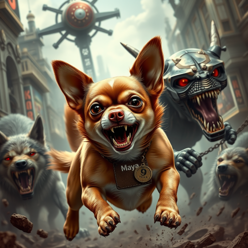 "Create a highly detailed and realistic image of a short-haired Chihuahua named Maya in an extremely fierce and enraged warrior pose. She is battling a pack of wolves and an alien creature, fighting for her life and the life of her owner. The Chihuahua should have a wild and aggressive appearance, with bared teeth and fierce eyes, showcasing her determination despite the overwhelming odds. She should have a distinct white patch on her chest, while the rest of her fur should be brown. A large tag with the name 'Maya' should be prominently displayed around her neck. The background should feature a sci-fi and steampunk style, filled with futuristic mechanical elements and Victorian technology, blending an urban landscape with fantastical details such as gears and steam."
