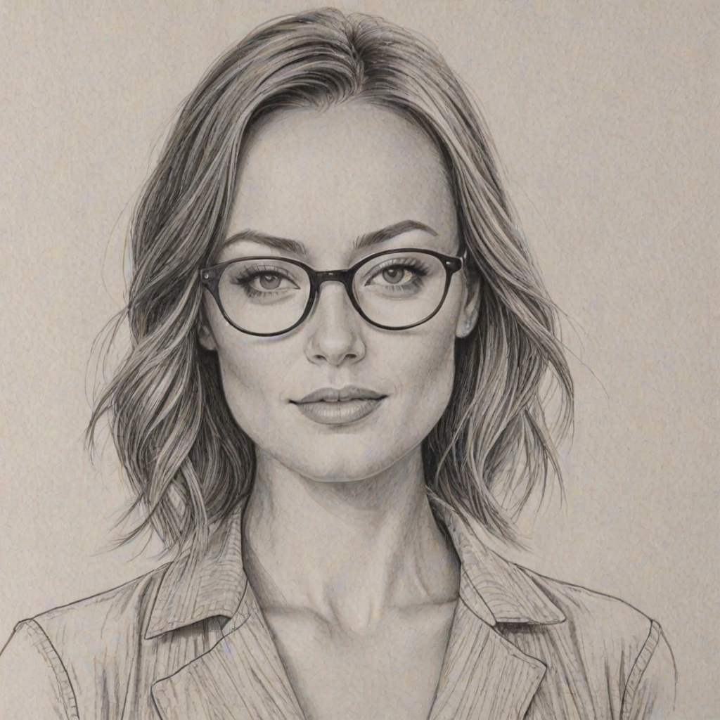 Enticing Olivia Wilde, pencil sketch, portrait of Fetching woman 1954s in glasses, hair style beatnik, outline, clear lines, fine lines, 8k