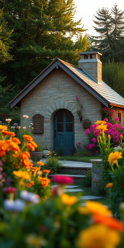 create a serene landscape featuring a cozy stone cottage surrounded by vibrant blooming flowers in a lush garden at sunrise, using a DSLR camera with a 35mm lens, aperture set to f/8 for depth of field, shutter speed of 1/125 sec, ISO 200, shot from a slightly elevated angle to capture the cottage and flowers, with soft golden light illuminating the scene for a warm and inviting atmosphere
