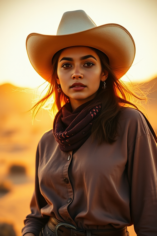 Dramatic photo of a beautiful Malay woman, classic cowboy attire, confident and free spirit expression, half-length portrait, centered, golden hour desert landscape, warm, diffused light, low angle, medium format film camera, in style of Annie Leibovitz.
