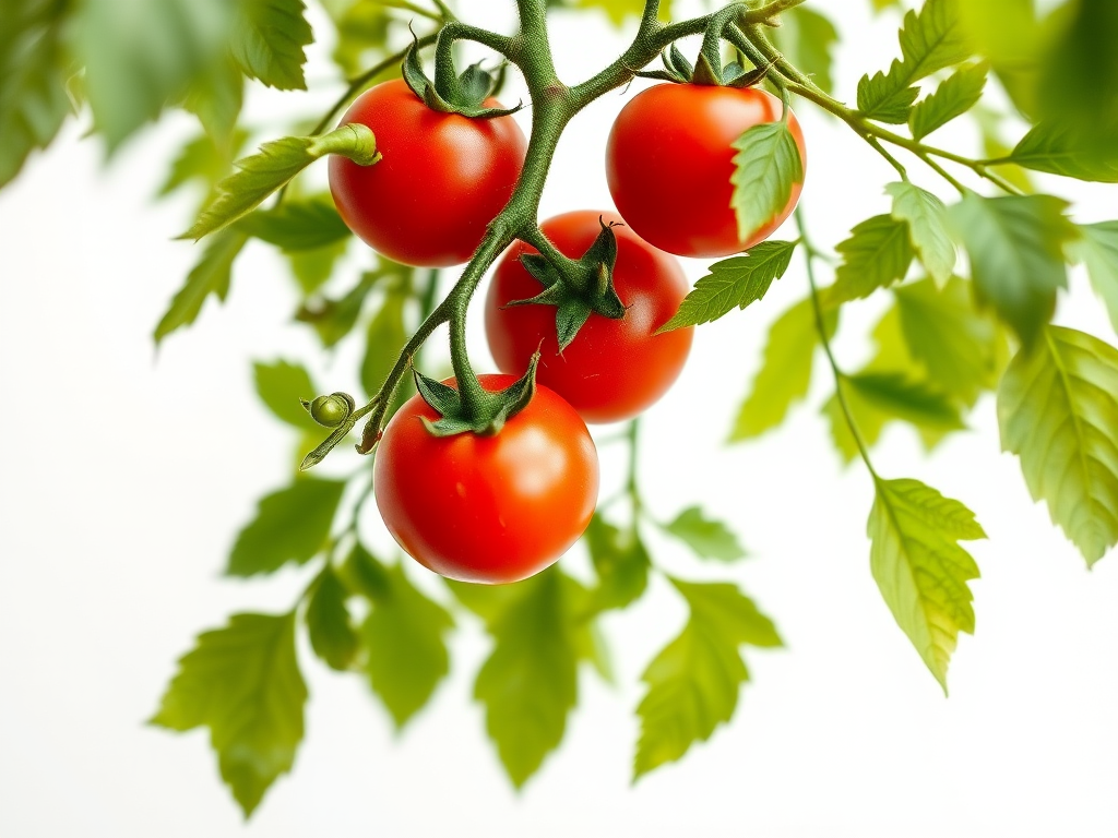 A vibrant tomato plant with ripe red tomatoes growing on it, set against a clean white background, captured with a DSLR camera at f/2.8, ISO 100, 1/200s, from a low angle with a macro lens to highlight the details of the leaves and fruit.
