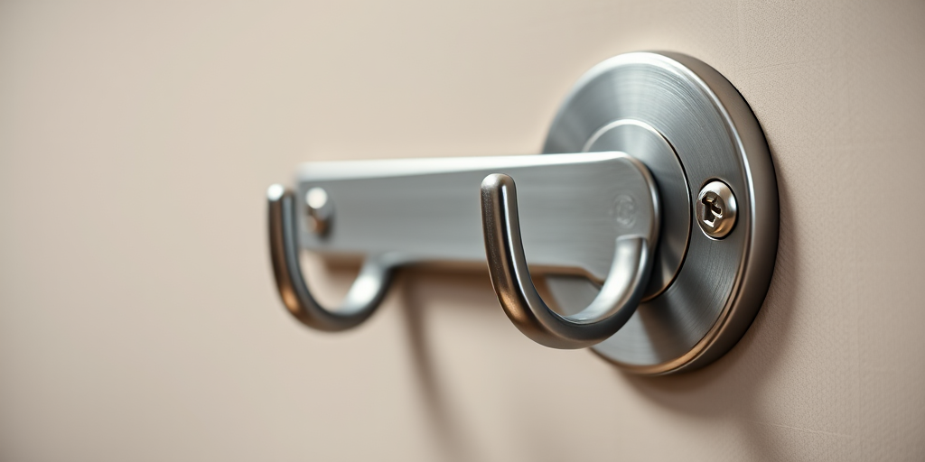 Create a high-resolution image of a metallic wall hook with a sleek design, showing the hooks and screws clearly, using a Canon EOS R5 with a 50mm lens, aperture set to f/2.8, ISO 100, and lighting from a softbox to enhance details and reduce shadows.