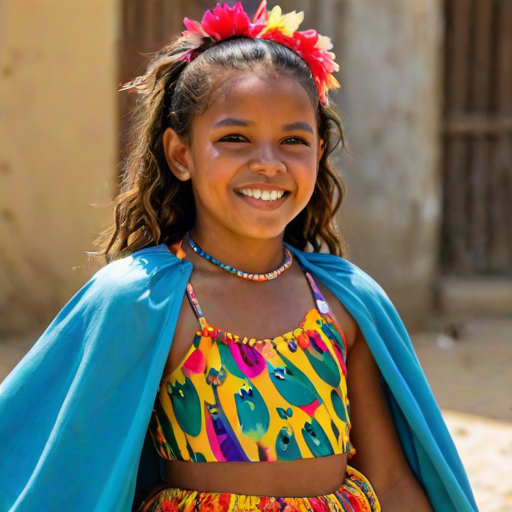 A beautiful Cape Verdean girl, wearing colorful bird clothing with vibrant colors