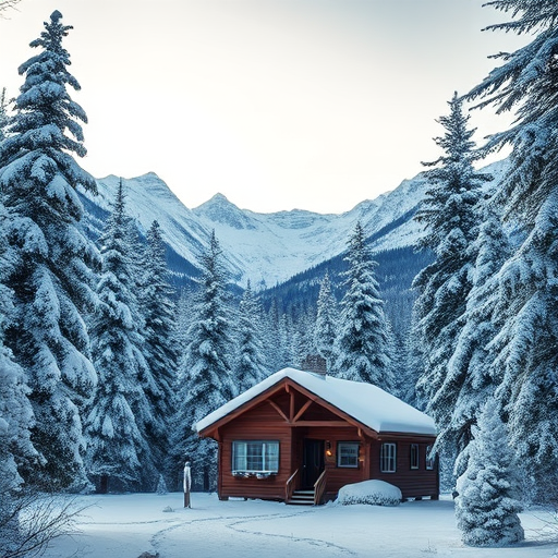 Generate a winter landscape scene featuring a cozy cabin in a snow-covered forest with majestic mountains in the background, shot with a DSLR camera at f/8 aperture, ISO 100, shutter speed 1/250s, in golden hour lighting for warm tones, using a wide-angle lens for a sweeping view.