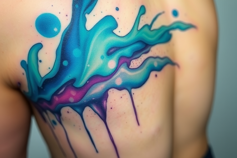 Watercolor splash tattoo called "Aurora Dreams" depicting the vibrant colors of the Northern Lights swirling across the skin in a mesmerizing display of blues, greens, and purples, with delicate splatters and drips creating a dreamy, ethereal effect
