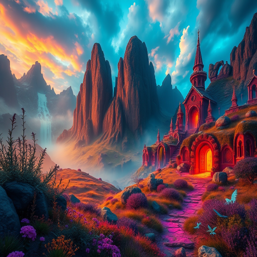 Generate a highly detailed fantasy landscape with vibrant colors and mystical elements, captured with a Canon EOS R5 at f/4.0, ISO 100, 1/125s, wide-angle lens, using a dramatic perspective for depth and clarity.
