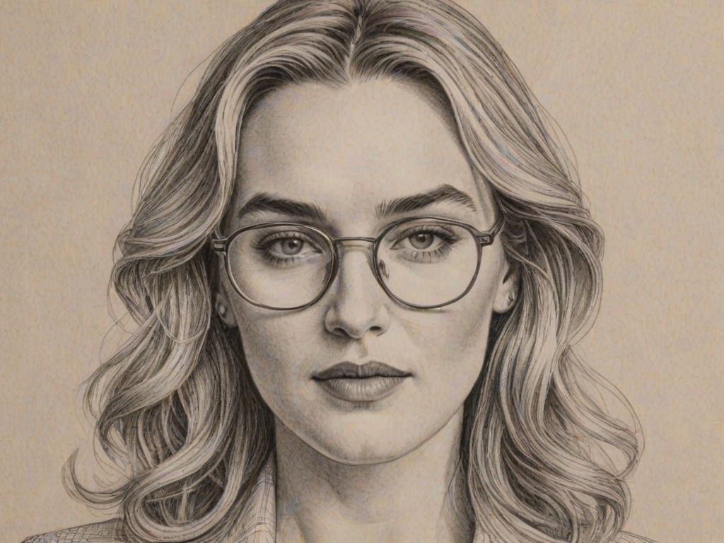 Fascinating Kate Winslet, pencil sketch, portrait of Enchanting woman 1971s in glasses, hair style beatnik, outline, clear lines, fine lines, 8k