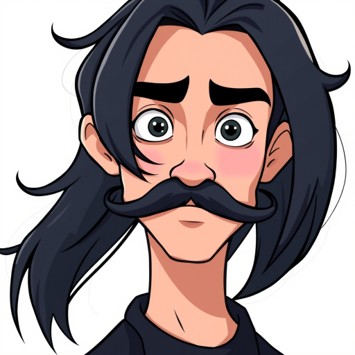 Create a high-resolution vector illustration of a cartoonish male character with long black hair and a mustache, using a Canon EOS 5D Mark IV with a 50mm f/1.8 lens, aperture set to f/2.8, ISO 100, shot in a well-lit studio environment for enhanced clarity and color vibrancy.