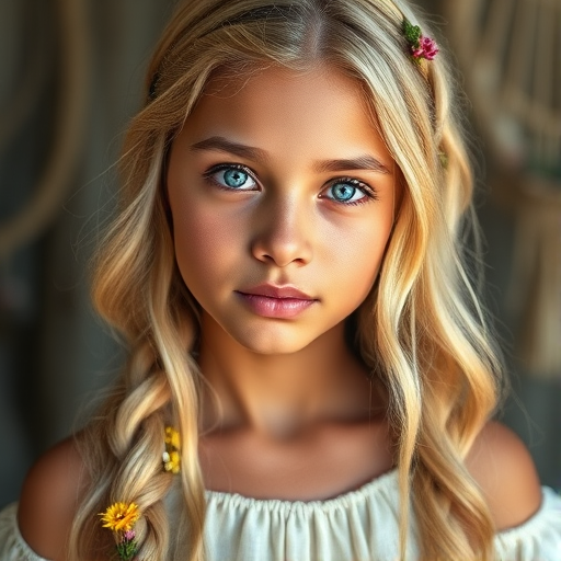Create an image of a young Garifuna woman with long, wavy blonde hair, adorned with small, colorful flowers woven into her braids and loose strands. Her complexion is fair, with soft, glowing skin, and she has light blue eyes that gaze softly at the viewer. She wears a light, flowing dress with a gentle, ethereal quality, complementing her delicate and serene appearance. The background is slightly blurred, drawing focus to her tranquil expression and the intricate details of the flowers in her hair. The overall mood of the image is one of natural beauty and grace, evoking a sense of peacefulness and connection with nature.