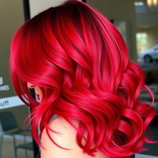 Vibrant cherry red ombre hair cascading in loose waves, Scarlet Sunset style, featuring deep burgundy roots transitioning to bright crimson tips, shimmering with glossy highlights and bouncy volume