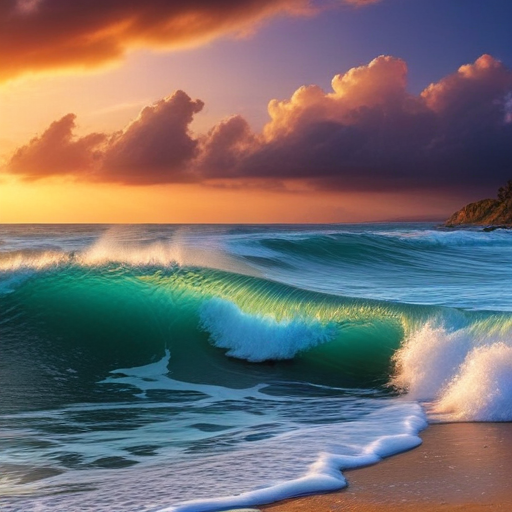 Vibrant Sunset Over Serene Ocean Waves and Golden Sandy Shoreline