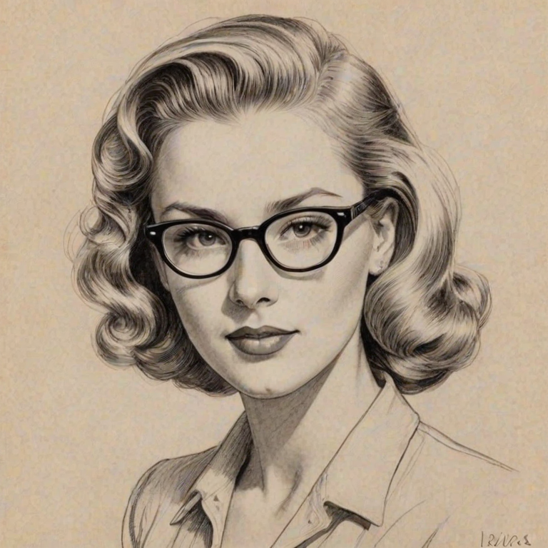 Dazzling Lilia Buckingham, pencil sketch, portrait of Enchanting woman 1944s in glasses, hair style beatnik, outline, clear lines, fine lines, 8k