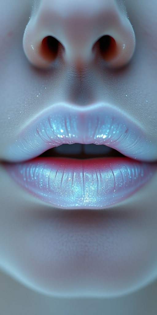 Ethereal pearlescent white lips with opalescent shimmer, otherworldly and captivating, evoking the essence of winter's frosty beauty