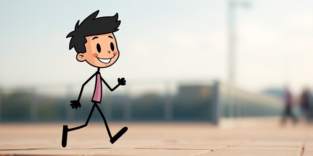 Generate a high-resolution cartoonish image of a stick figure walking, with a bright and cheerful expression, captured using a DSLR camera, 50mm lens, f/2.8 aperture, 1/100s shutter speed, in natural light, with a shallow depth of field for a soft background effect.