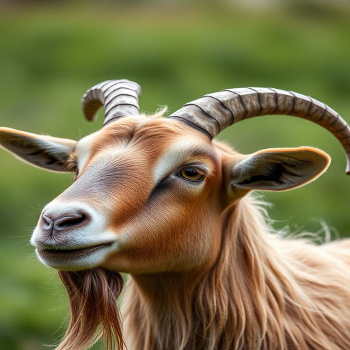Create a detailed portrait of a majestic goat with long, curved horns and a thick, shaggy coat, captured in soft, diffused natural light, using a DSLR camera with a 85mm lens at f/1.8, ISO 100, 1/200 sec shutter speed, shallow depth of field, and a blurred green background for enhanced focus on the subject.
