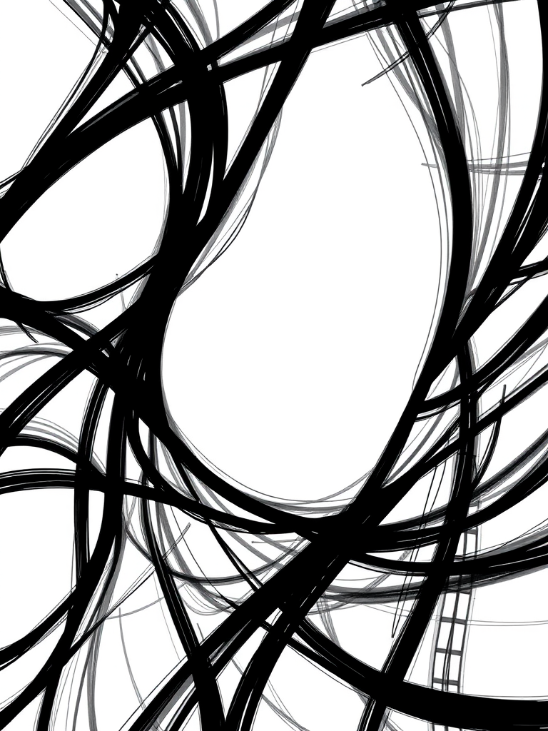 Generate a high-resolution abstract black design on a white background, using a DSLR camera with a 50mm lens, aperture set to f/1.8, ISO 100, shot at a 45-degree angle for dynamic perspective and enhanced detail.