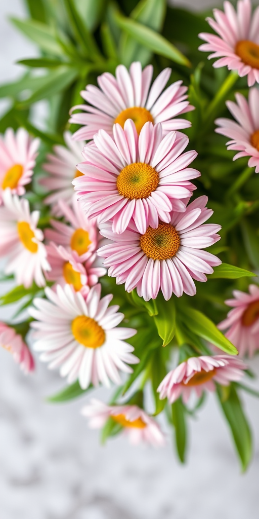 Create a high-resolution image of a bouquet of pink and white daisies with vibrant green leaves on a transparent background, using a DSLR camera with a 50mm lens, aperture set to f/2.8, ISO 100, and natural soft lighting to enhance the colors and details.