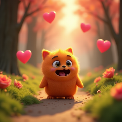 A fluffy orange creature with large eyes and a wide open mouth stands on a path in a whimsical forest, bright pink and red hearts float through the air, the creature has a surprised expression, the light is warm and soft, photorealistic, digital art, 3D style