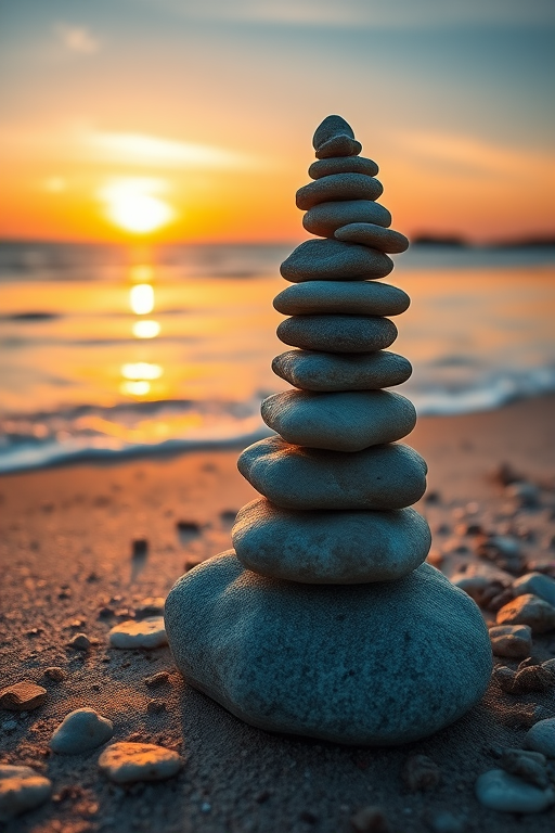 create an image of a stacked stone cairn on a beach at sunset with gentle waves lapping at the shore, use a DSLR camera with a 24-70mm lens, aperture set to f/8 for depth of field, ISO 200 for clarity, shoot from a low angle to highlight the stones against the sunset, ensure golden hour lighting for warm tones.