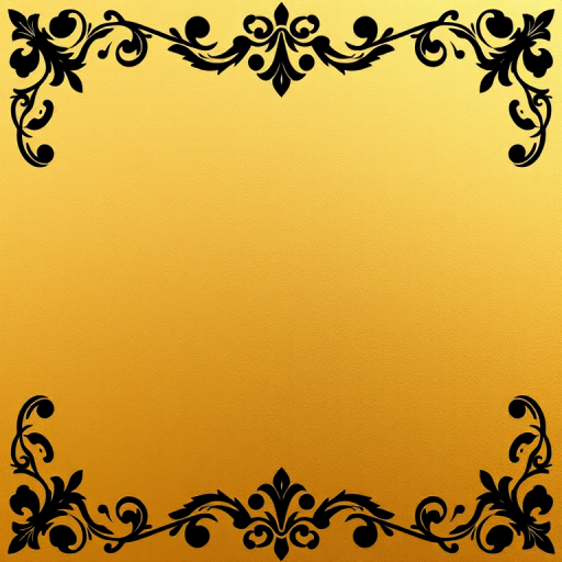 Create a high-resolution digital image of a smooth gold surface with an ornate black floral border, using a DSLR camera with a 50mm lens, aperture set to f/1.8, ISO 100, and a soft diffused lighting setup for enhanced texture and warmth.