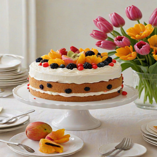 Create an elegant cake decorated with vibrant flowers and fruits. The cake should have a smooth frosting and feature a variety of colorful blooms, including tulips and daisies, along with slices of dried fruit and fresh blackberries. Place the cake on a simple white cake stand, with a soft, light-colored tablecloth underneath for a delicate presentation.