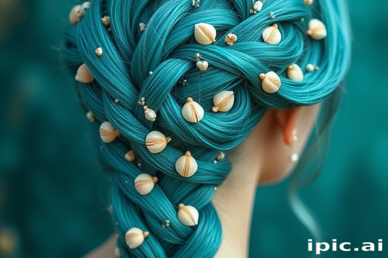 Mystical teal mermaid braid dubbed "Siren's Song" incorporates an intricate five-strand plait adorned with tiny seashells and shimmering aquamarine highlights