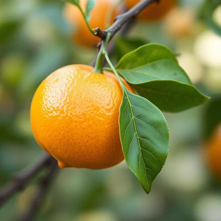 Generate a high-resolution vector illustration of a stylized orange fruit with a green vine and leaf, using a macro lens with a shallow depth of field, natural lighting, and a soft focus background.
