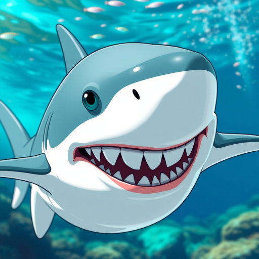 Create a cartoon-style image of a shark with exaggerated features and an expressive face, using a DSLR camera with a 50mm lens, aperture at f/2.8, ISO 100, shot in a bright underwater setting to enhance colors and contrast.