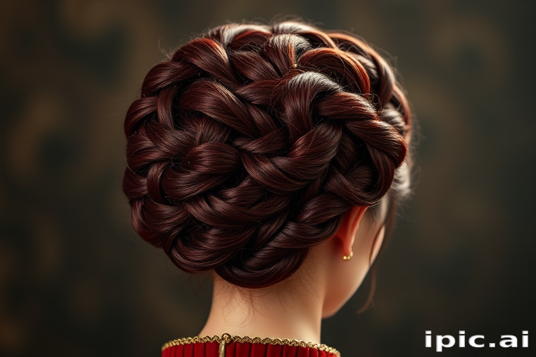 Regal burgundy updo intricately braided into a crown-like formation, Empress's hair exudes sophistication and power, adorned with delicate golden threads woven throughout the elaborate style