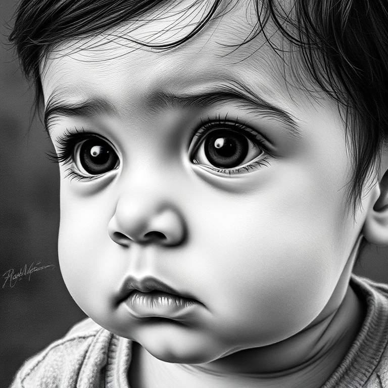 A hyperdetailed photorealistic black and white sketch of a beautiful toddler with deep black eyes, with a macro focus