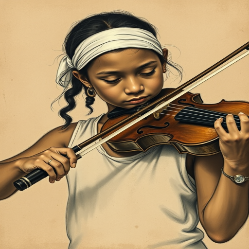 a young Torres Strait Islander woman with a white headband playing a violin, in the style of a charcoal drawing, sepia grunge background