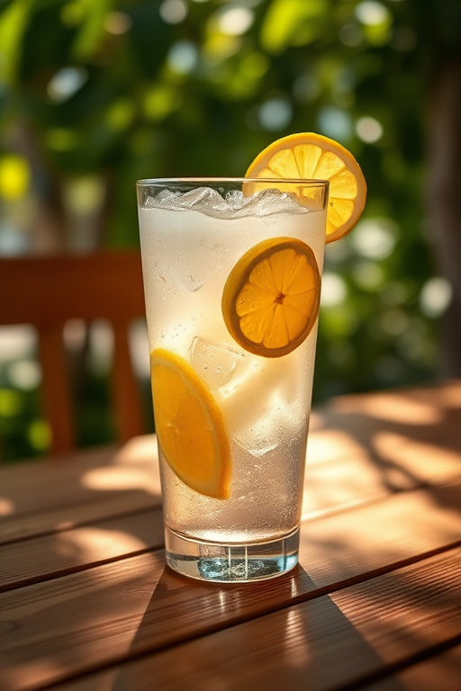 photograph of a refreshing iced beverage in a glass with lemon slices and ice, set on a wooden table with sunlight filtering through leaves, shallow depth of field, ISO 200, aperture f/2.8, 50mm lens, natural light photography, DSLR camera