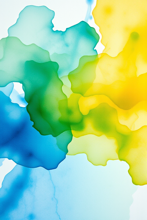 Create an abstract watercolor splash in soft blues, greens, and yellows, with a smooth blending of colors, captured in high resolution using a DSLR camera at f/2.8, ISO 100, 1/60s exposure, overhead view, with a macro lens for intricate detail.