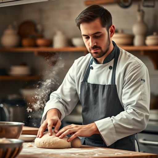 Create a high-quality image of a male chef in a kitchen preparing dough, with a shallow depth of field, using a Canon EOS R5, aperture f/1.8, ISO 400, 50mm lens, natural warm lighting, capturing motion with flour in the air and a rustic backdrop.