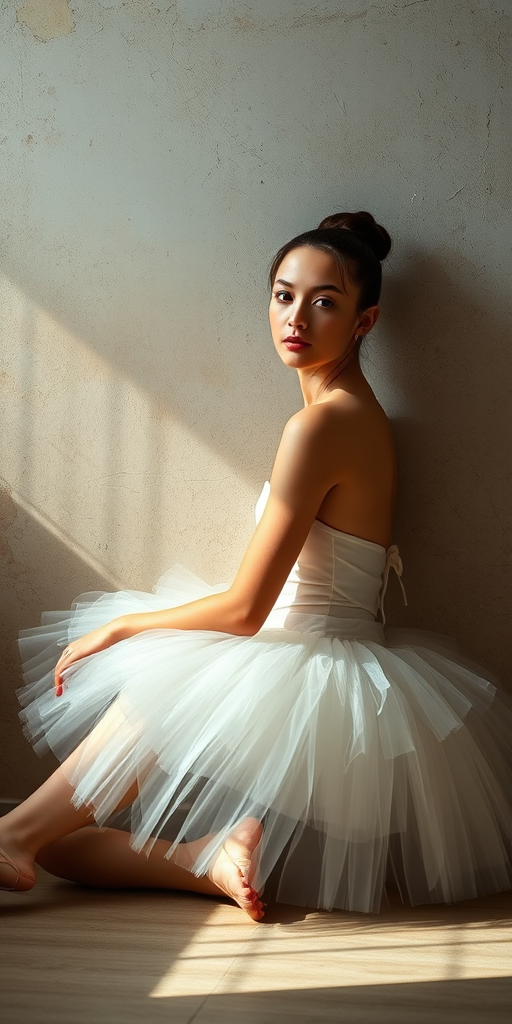 Capture a serene portrait of a ballerina in a delicate white tutu, seated gracefully against a textured, peeling wall, with soft natural light illuminating her features, using a Canon EOS R5, 85mm lens, aperture f/1.8, ISO 100, and a shallow depth of field for a dreamy effect.